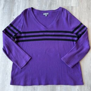 ESSENTIALS Purple & Black Striped Long Sleeve V-neck Top Size 1X